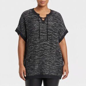 Extra Touch Goth Marled Knit Lace-Up Short Sleeve Poncho Sweater 2X